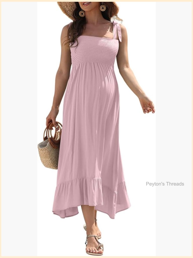 Boho Maternity Maxi Dress Square Neck Ruffle Hem Tie-Up Straps Sleeveless A-Line